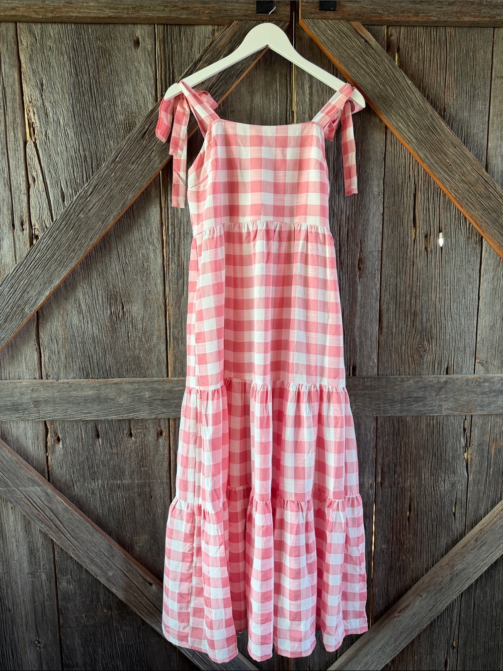 Pink and White Gingham Tie-Shoulder Maxi Dress